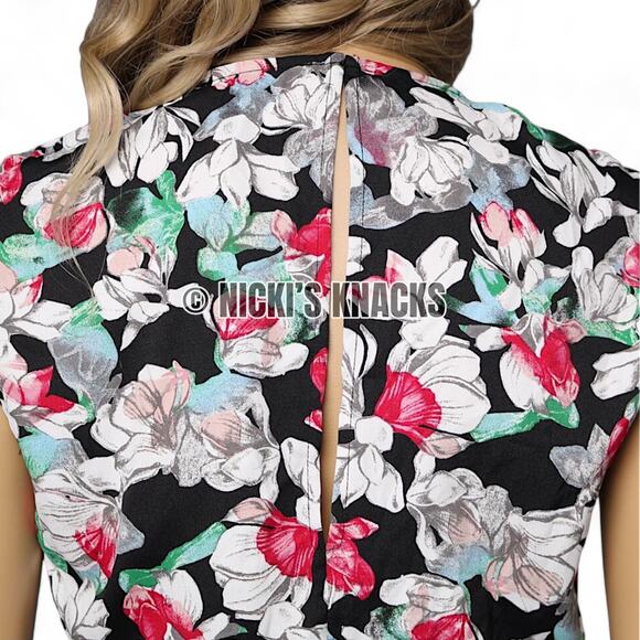 BCBGMaxazria Floral Faux Wrap Romper Black White Pink Green Cap Sleeve Size S - Picture 7 of 11